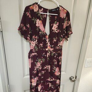 Women's Flutter Sleeve Scoop Neck Floral Rayon Party Split Maxi Romper Dress